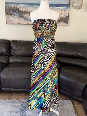 Vintage Y2K Strapless Beaded Gem Maxi Dress Colorful Zebra Print Cache Bust XS/S